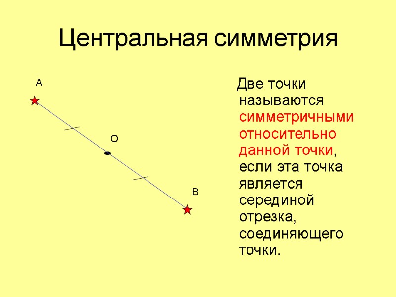 Центральная симметрия    Две точки называются симметричными относительно данной точки, если эта